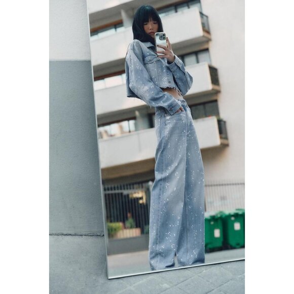 ZARA TRF STRASS CROP DENIM JACKET - Picture 2 of 9